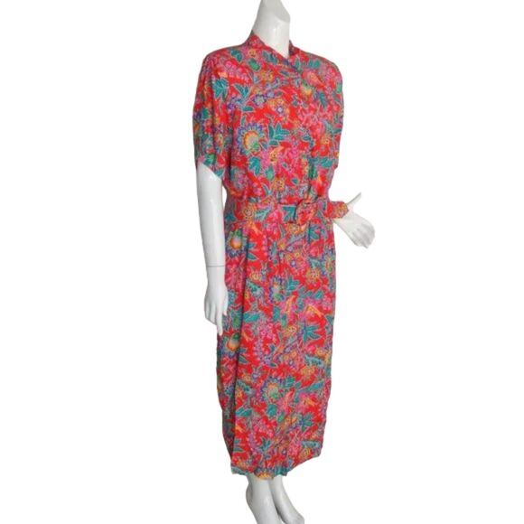 NORM THOMPSON Dress, Vintage 20, Red, Floral print, Matching Belt, Buttons - Picture 3 of 14